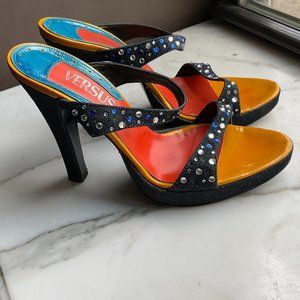 vintage VERSUS embellished denim and orange patent leather platform sandals